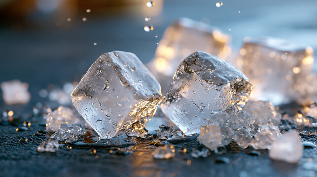 Clear Ice Cubes Close Up With Water Droplets and Reflections