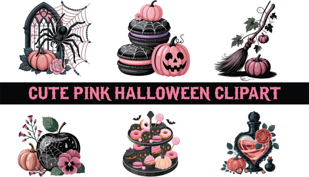Cute Pink Halloween Clipart Bundle with Pumpkins and Spooky Sweets
