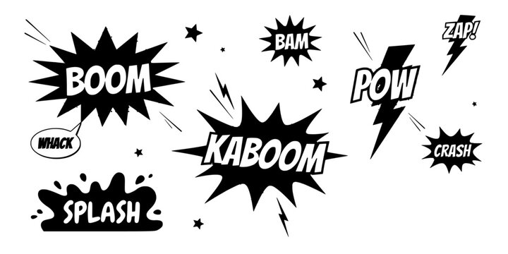 Comic Book Sound Effects with Words Like Boom, Pow, and Splash in Bold Black and White Featuring Effect, Whack, Bam with Zap