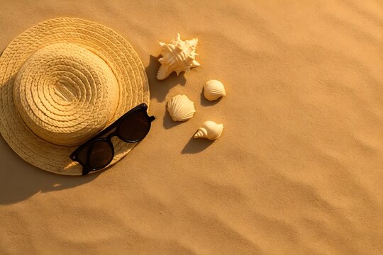 Straw hat, sunglasses and seashells on golden sand with copy space