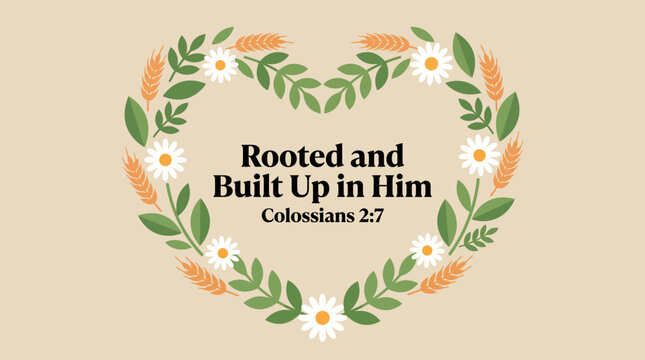 Rooted and Built Up in Him Colossians 2:7 Bible verse with floral heart wreath on beige background