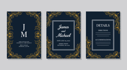 Naklejka premium Elegant navy blue and gold floral wedding invitation suite with ornate frames and decorative typography