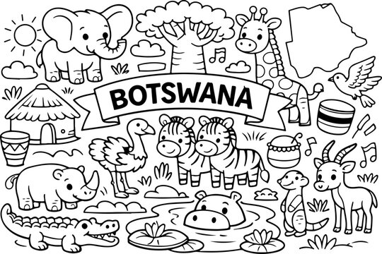 Botswana, monuments, dessin au trait dessin&eacute; &agrave; la main, illustration style gribouillage, page &agrave; colorier pour enfants
