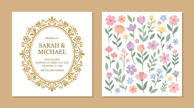 Elegant floral wedding invitation template with gold ornamental frame and pastel flower pattern background