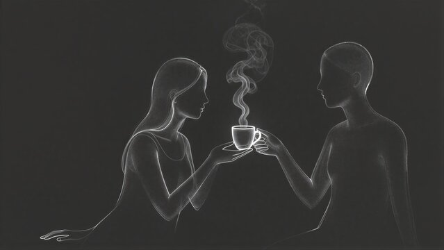 Two silhouetted figures share a steaming cup, connected by gentle warmth and quiet intimacy.