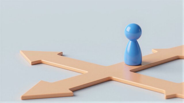 Blue figure stands at crossroads of arrows, symbolizing life's choices and decision points.
