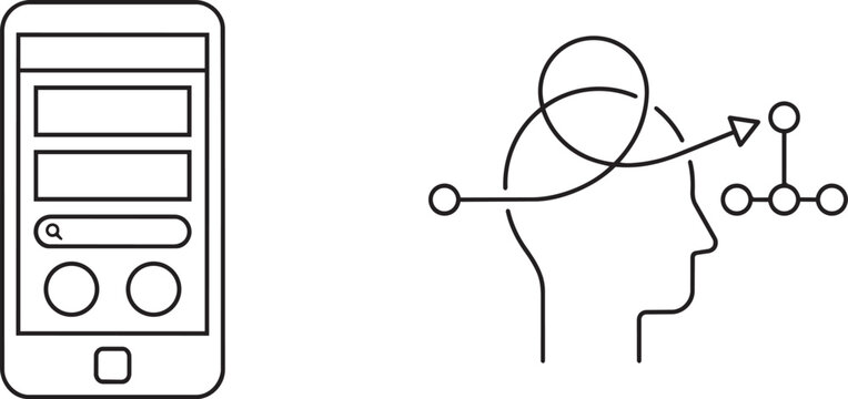 Art & Illustration, Smartphone interface layout and human head profile with looping thought arrow path line art. Mobile UX strategy.
