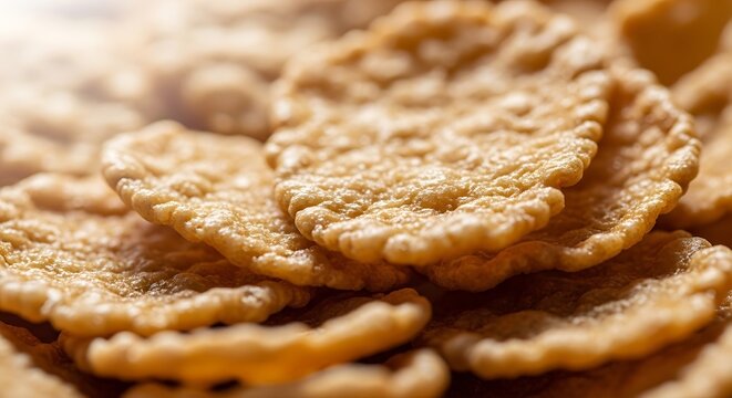 A detailed close up of crispy golden corn flakes breakfast cereal texture