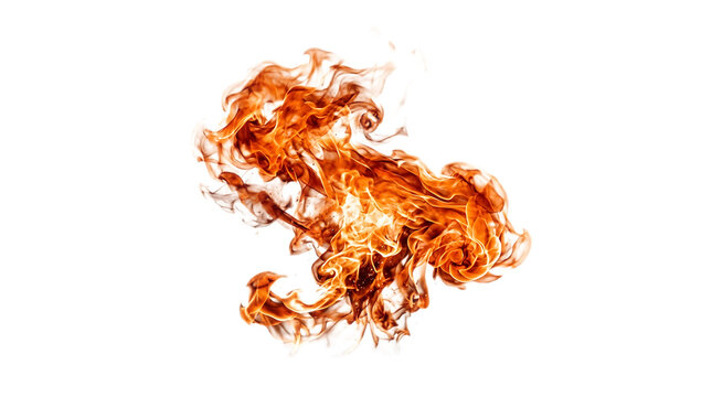 Swirling burst of realistic orange and red fire isolated on a pure white background