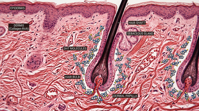Microscopic view of human scalp tissue showing hair follicles and DHT molecules in a clinical medical style