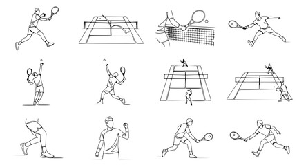 Tennis Player Line Art Collection: Action Shots, Serve, Volley & Court Views © Qita