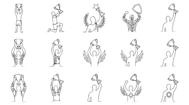 Collection of Line Art Trophies and Winners Celebrating Victory