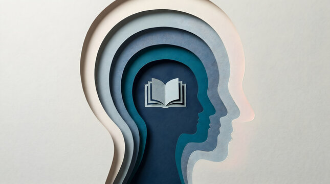 Layered paper cutout silhouettes of human heads with an open book. Concept image of reading, education and continuous learning.