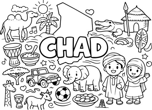 Chad, dessin au trait dessin&eacute; &agrave; la main, illustration style gribouillage, page de coloriage pour enfants