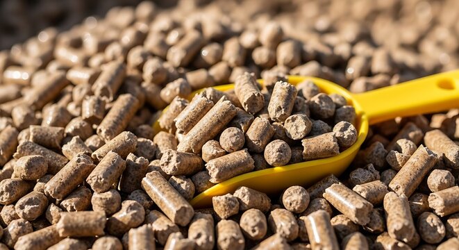 Wood pellet fuel biomass scooped with yellow plastic shovel renewable industry
