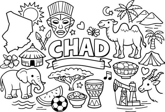 Chad, dessin au trait dessin&eacute; &agrave; la main, illustration style gribouillage, page de coloriage pour enfants