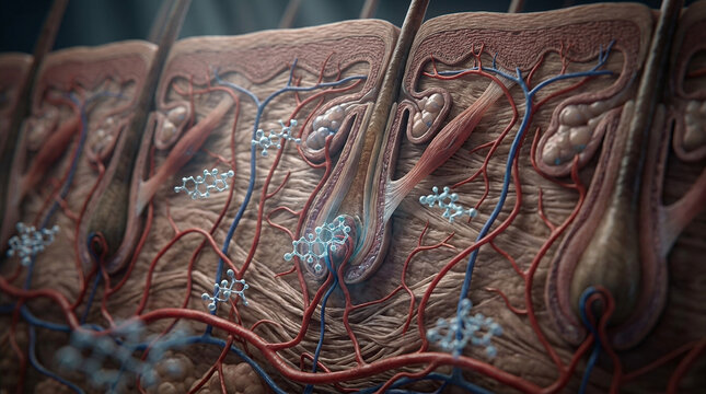 Microscopic view of human scalp anatomy showing hair follicles and DHT molecules