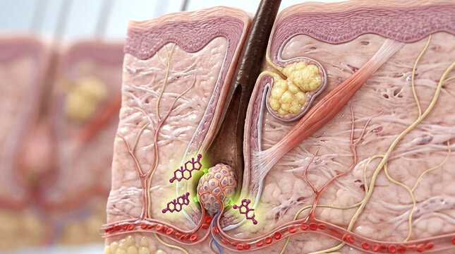 Scientific visualization of human scalp anatomy showing DHT molecules affecting hair follicles in a detailed medical cross section view