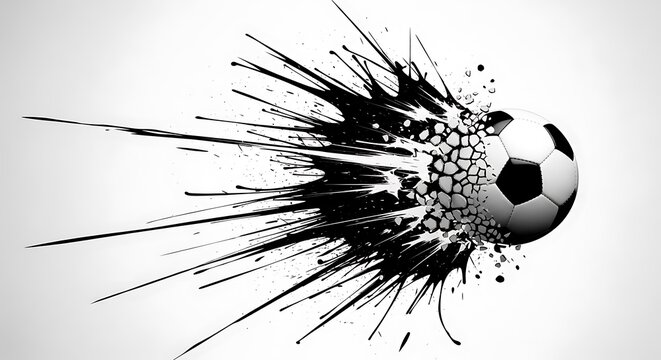 Soccer ball exploding with black ink paint splatter dynamic effect, football