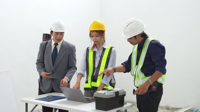 Professional construction team and building inspector looking laptop. They are having a project meeting and discussing blueprints inside an empty room of a modern building structure under development.