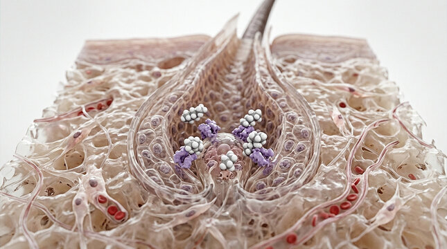 Microscopic view of human hair follicle interacting with DHT in skin tissue