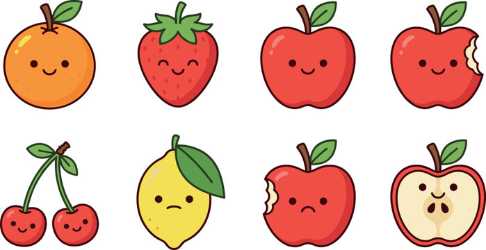 Cute kawaii fruit sticker collection featuring happy orange strawberry apples cherries and sad lemon emoticon characters