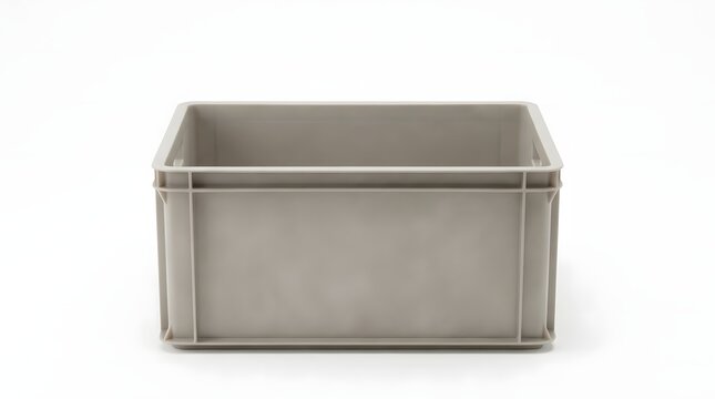 A plain, light gray plastic storage container or tote box with reinforced edges, shown from the front against a white background.