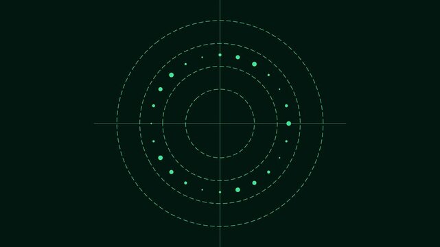 Digital radar interface with rotating circular scan and pulsing data points for futuristic technology and cyber security monitoring animation 4k