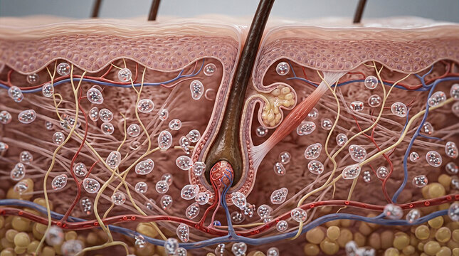 Microscopic view of a human hair follicle with DHT molecules in skin layers