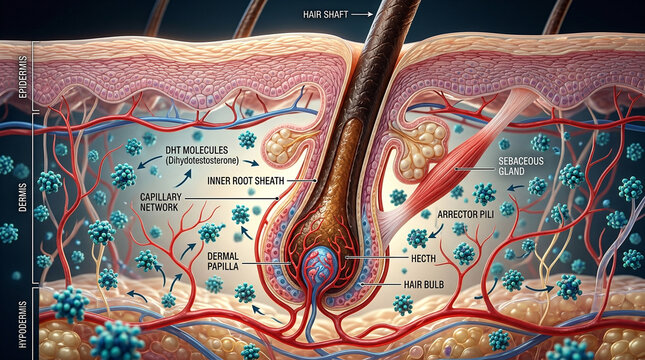 Microscopic view of a human hair follicle affected by DHT hormone particles in skin layers