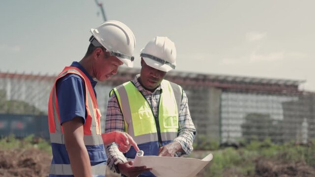 Engineers Discussing Blueprints at Construction Site, Construction Workers Planning on Site, Two Construction Professionals Reviewing Plans Outdoors