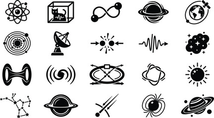 Quantum Physics Astronomy and Theoretical Science Icon Set Featuring Schrodinger Cat Atoms Black Holes Particle Collisions and Space Exploration Symbols vector illustration style © Abdur