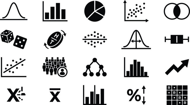 Statistics Mathematics and Data Analysis Icon Set Featuring Probability Bell Curve Graphs Scatter Plots Histograms and Venn Diagrams vector illustration style