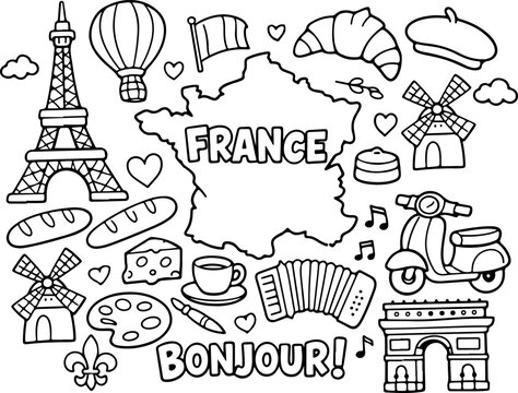 France, illustration de dessin au trait dessin&eacute;e &agrave; la main, style gribouillage, &agrave; colorier pour enfants