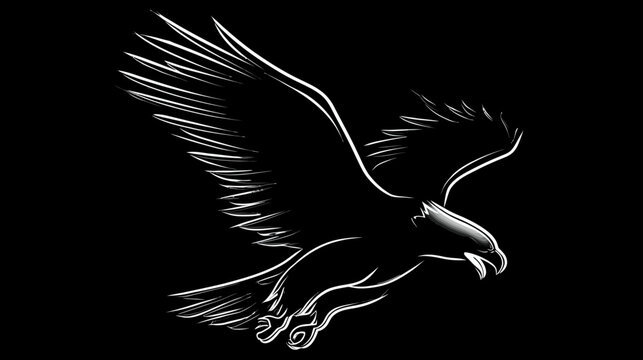 Majestic flying eagle outline graphic on a black background, powerful predatory bird symbol, minimalist vector illustration