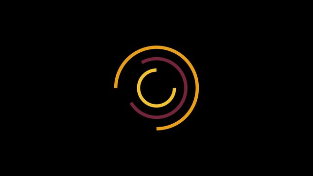 Minimalist abstract loading spinner animation with rotating concentric circles in gold and maroon on 4k black background