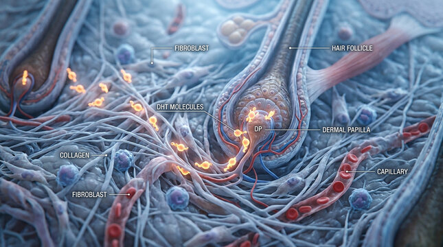 Dihydrotestosterone molecules moving toward hair follicles in a medical view
