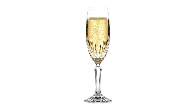 Single crystal champagne flute filled with sparkling wine on white background