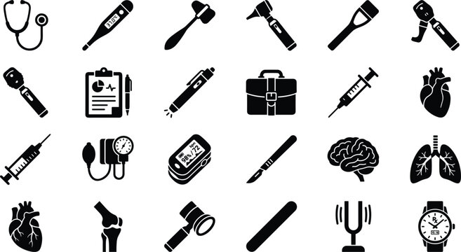 Medical Diagnosis and Hospital Examination Tools Icon Set Featuring Stethoscope Thermometer Syringe Otoscope Scalpel Oximeter and Human Anatomy Symbols vector illustration style