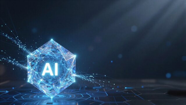 Futuristic AI cube glowing with blue energy on a circuit board background.