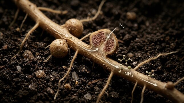 Macro cutaway of black locust roots in rich soil, showing root hairs, nodules, and rhizobial bacteria clustered around peptide molecules, with subtle nitrogen cycle arrows and mineral particles