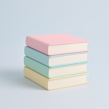 Stack of pastel hardcover books with blank spines on light blue