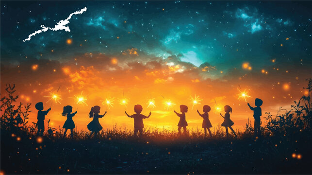 Children Playing with Fireflies on Summer Evening