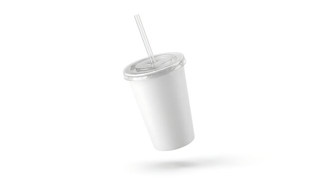 Blank white paper cup with plastic lid and straw for cold drinks. fountain soda cup