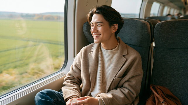 Person smiling while sitting in a vehicle overlooking scenic countryside