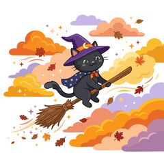Fototapeta premium Cute black cat witch flying on broomstick with autumn leaves and clouds