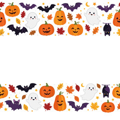 Fototapeta premium Cute Halloween Border with Pumpkins Bats and Ghosts