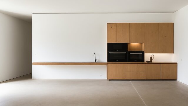 Minimalist modern kitchen interior with wooden cabinets and empty space
