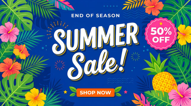 Vibrant summer sale advertisement with tropical leaves and flowers