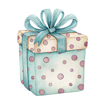 Watercolor illustration of a cute light blue gift box with purple polka dots and a blue ribbon bow isolated on a white background.